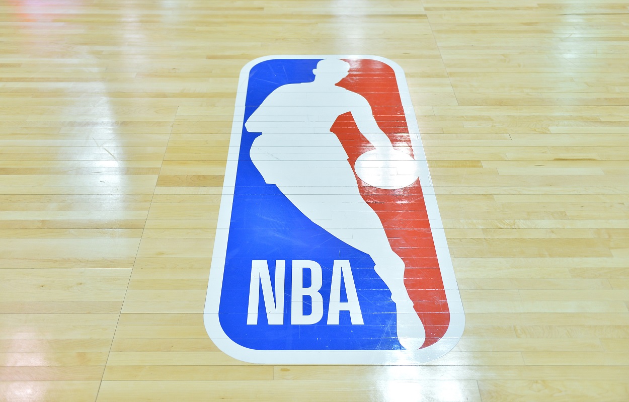The NBA logo on the court during a Summer Legue game.