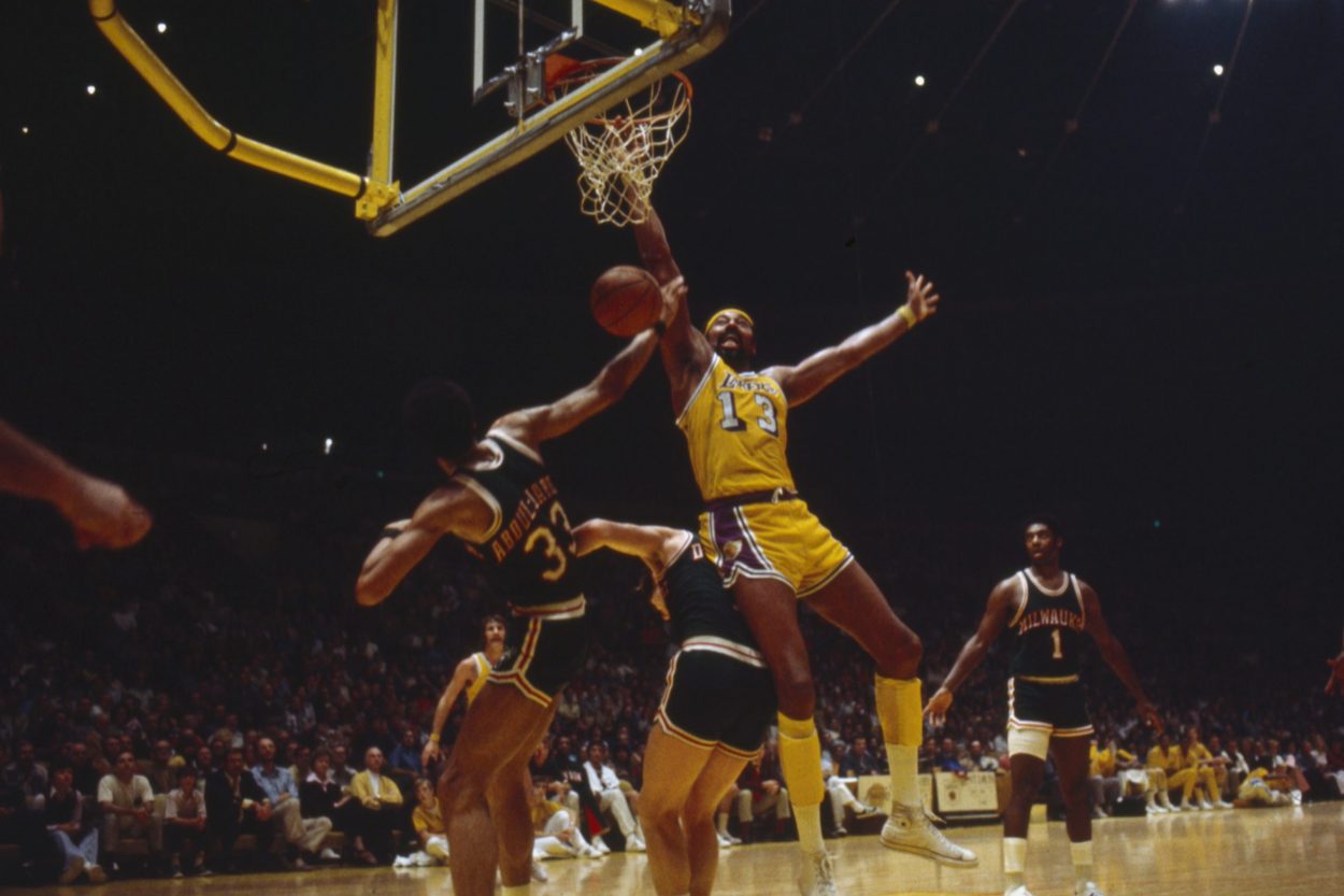 Los Angeles Lakers center Wilt Chamberlain goes up for a basket against Kareem Abdul-Jabbar of the Milwaukee Bucks during the 1972 Western Conference Finals