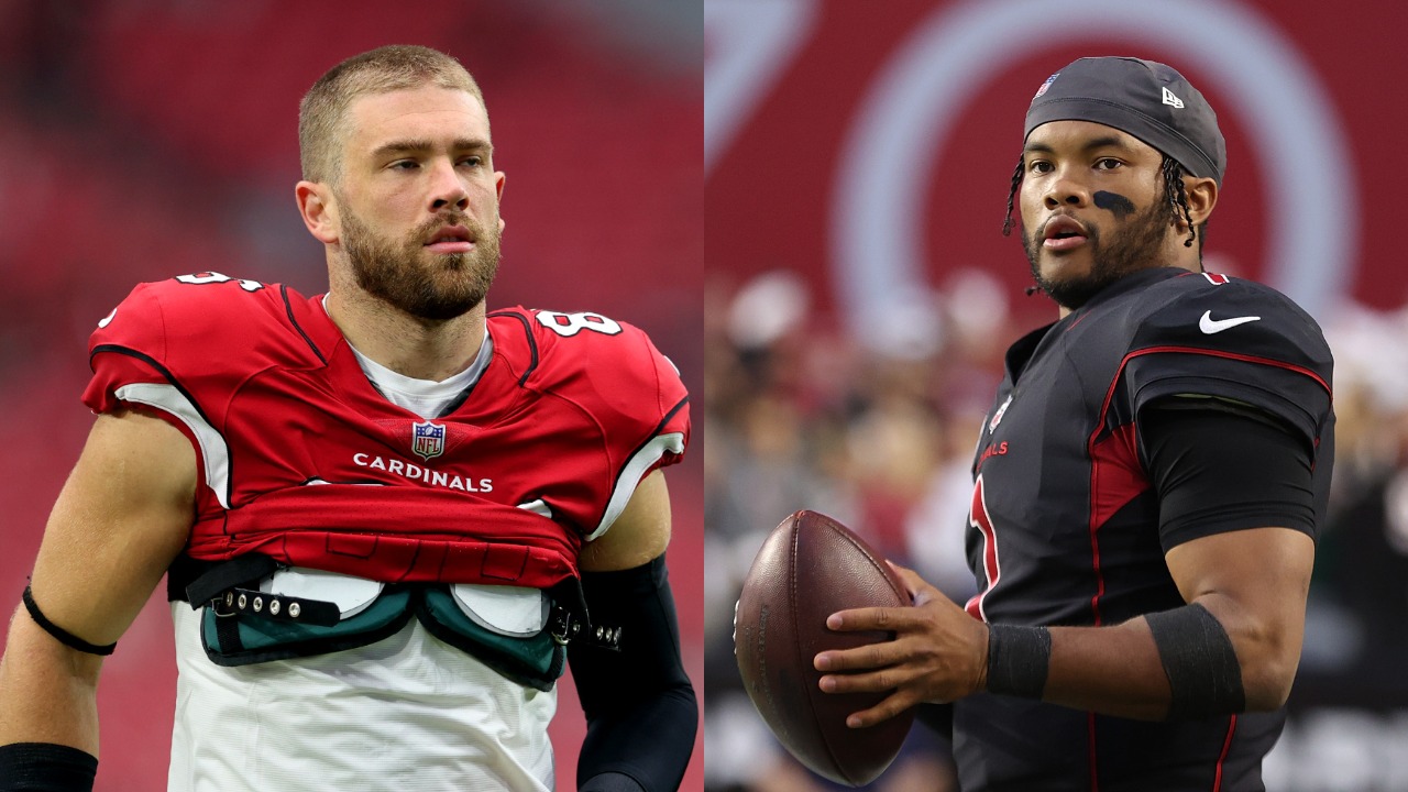 Cardinals tight end Zach Ertz on the field before a game; Kyler Murray warms up before a game