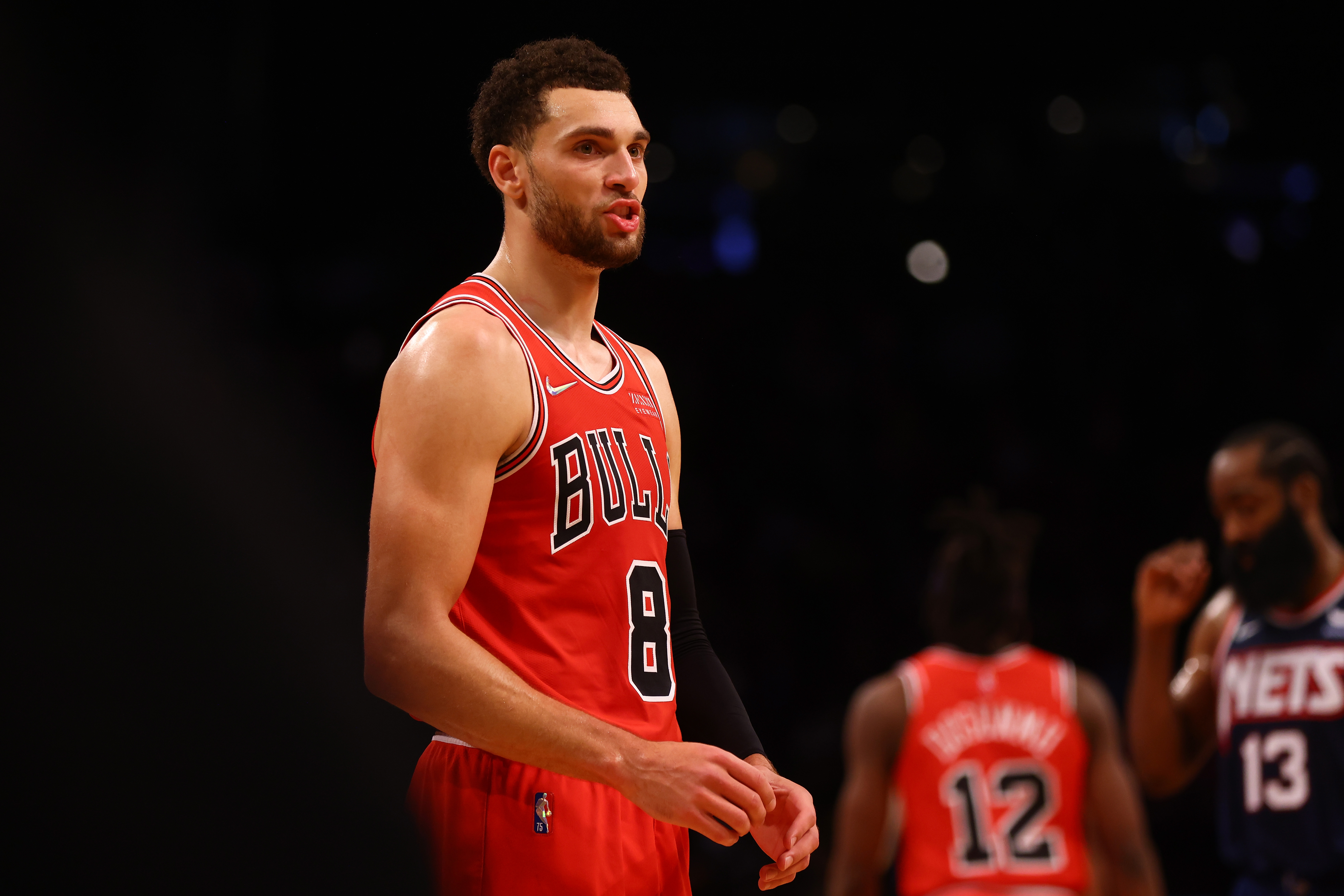 Chicago Bulls star Zach LaVine reacts during an NBA game against the Brooklyn Nets