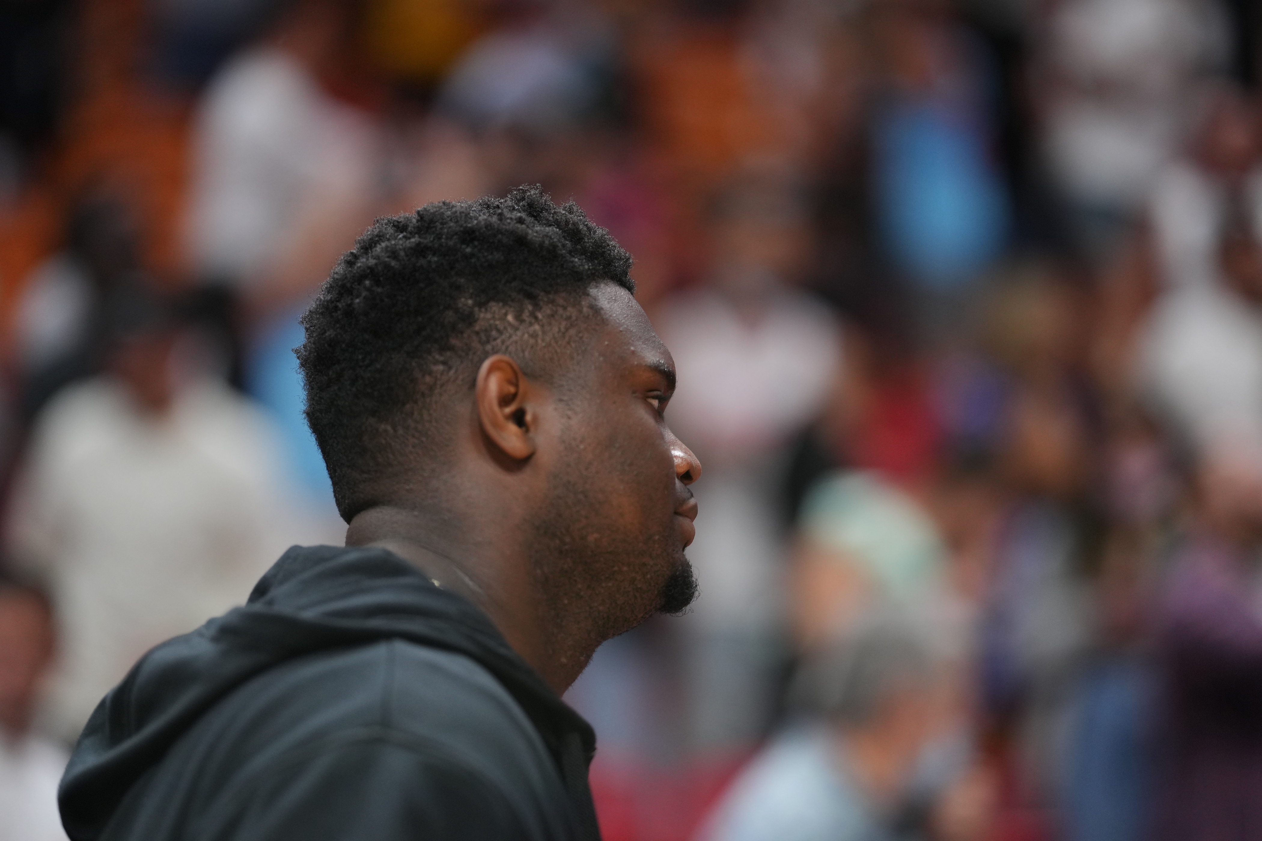 New Orleans Pelicans star Zion Williamson looks on during a game against the Miami Heat