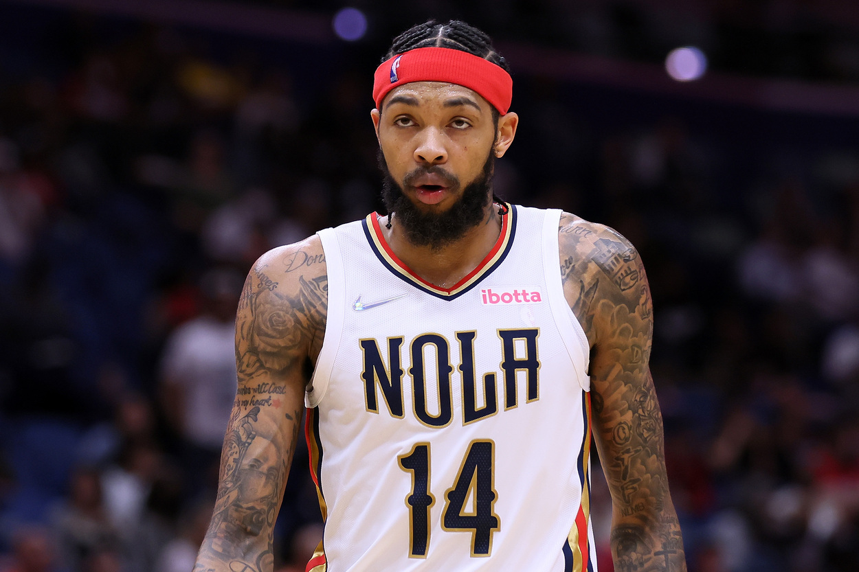 New Orleans Pelicans forward Brandon Ingram looks on during a game.