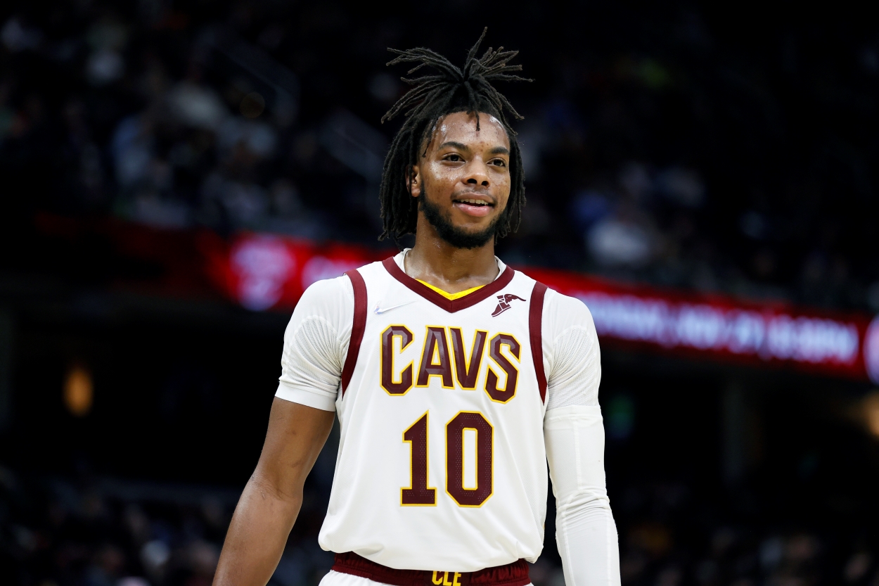 Darius Garland of the Cleveland Cavaliers grins during a game.