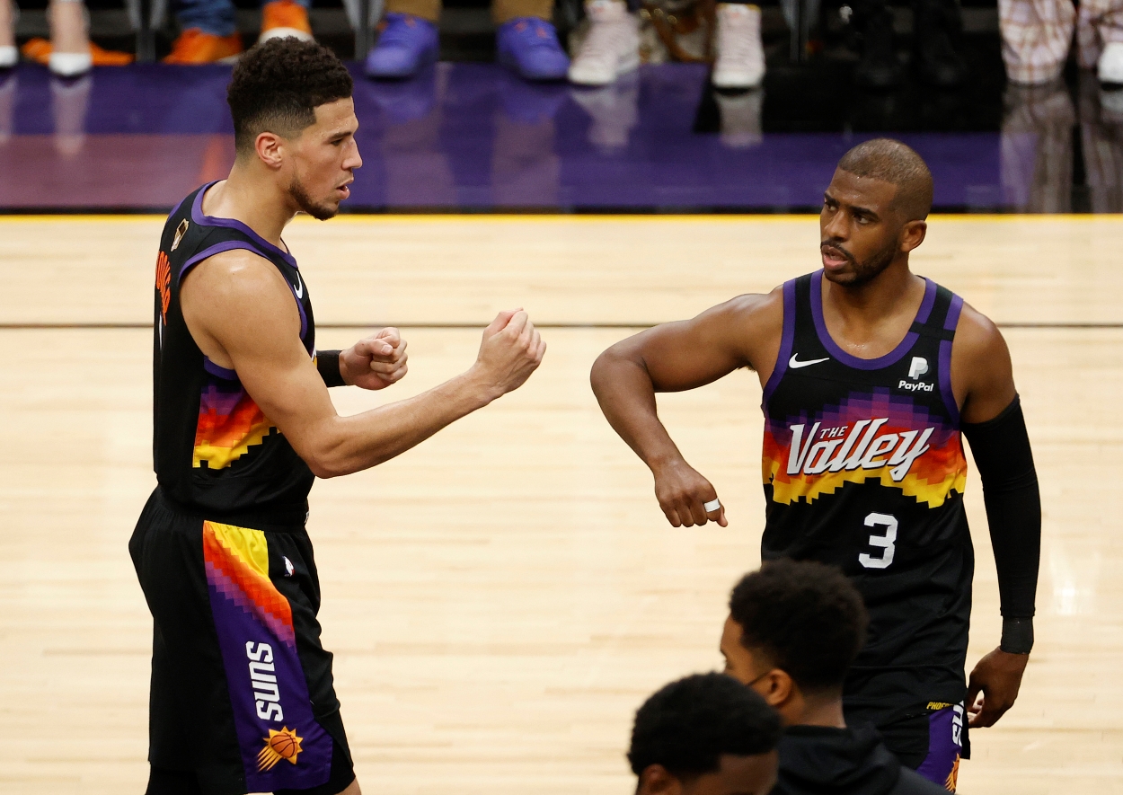 Devin Booker and Chris Paul of the Phoenix Suns celebrate.