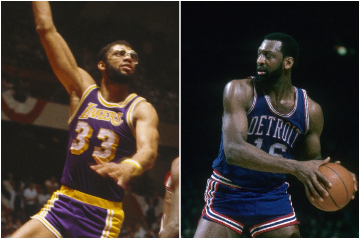 Los Angeles Lakers center Kareem Abdul-Jabbar and Detroit Pistons big man Bob Lanier.