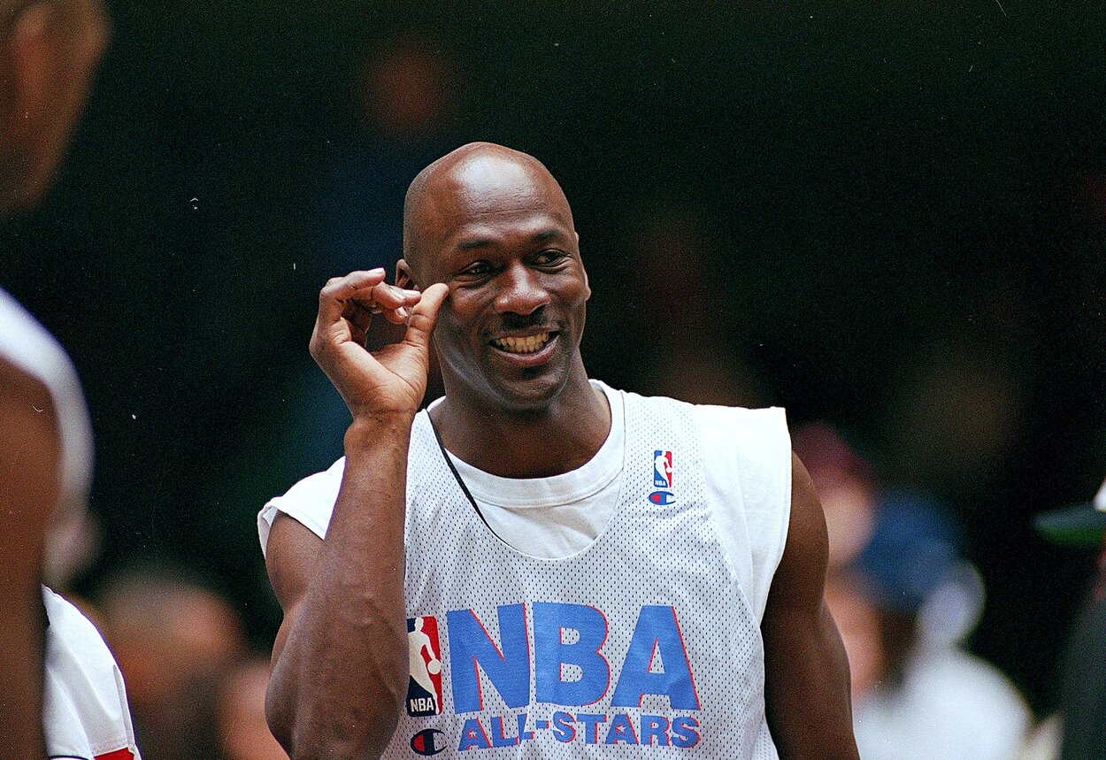 Michael Jordan smiling during All-Star Practice.