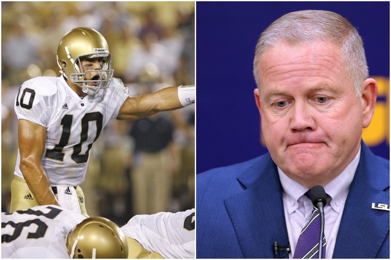 Former Browns and Notre Dame QB Brady and LSU HC Brian Kelly.