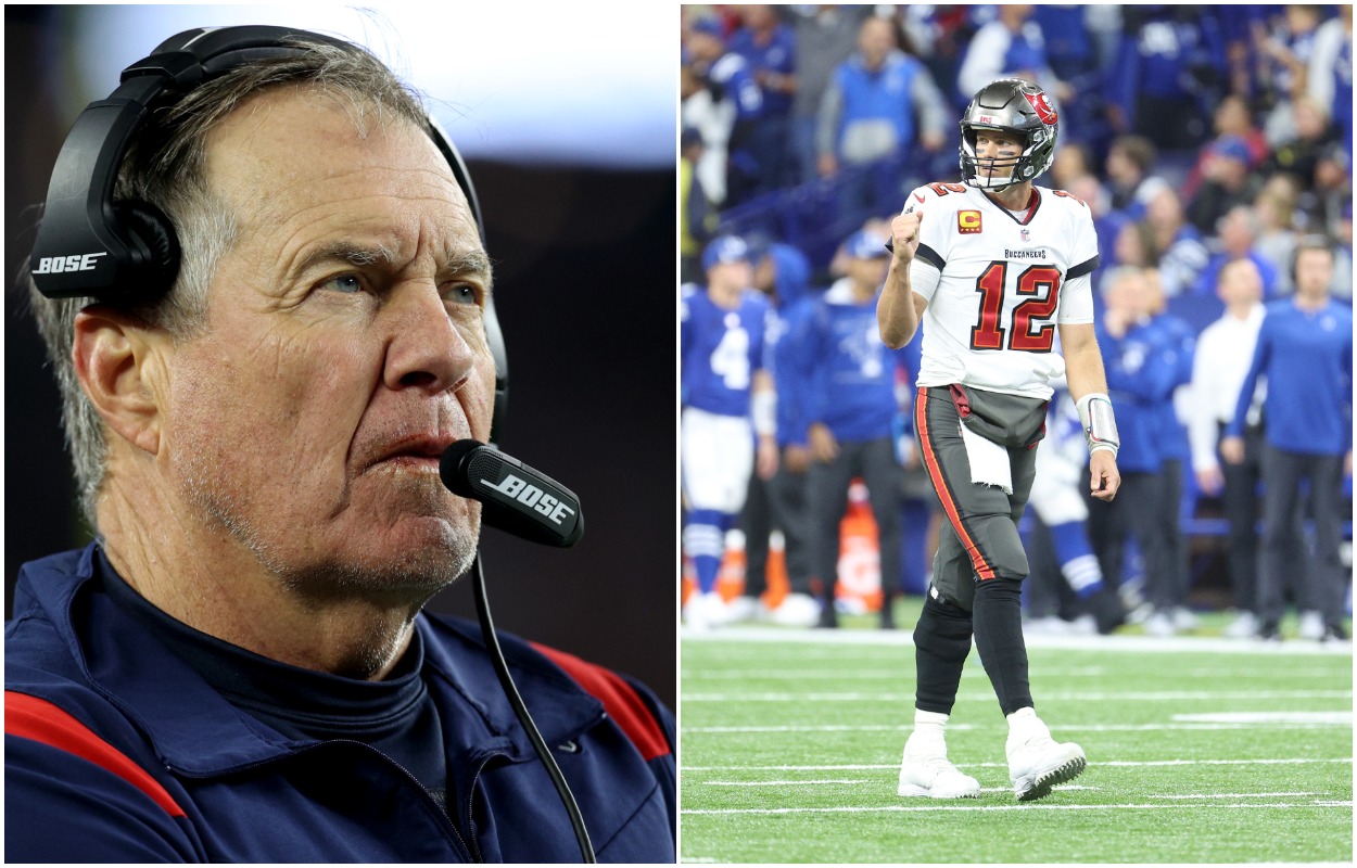 Patriots HC Bill Belichick and Buccaneers QB Tom Brady.