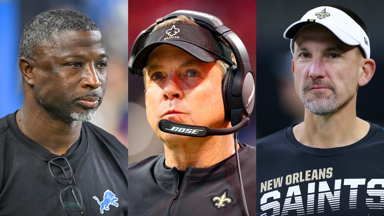 (L-R) Defensive coordinator Aaron Glenn of the Detroit Lions looks on before the game against the Baltimore Ravens at Ford Field on September 26, 2021; Head coach Sean Payton of the New Orleans Saints prior to the game against the Atlanta Falcons at Mercedes-Benz Stadium on January 9, 2022; Defensive coordinator Dennis Allen of the New Orleans Saints reacts during a game against the Tampa Bay Buccaneers at the Mercedes Benz Superdome on October 06, 2019.