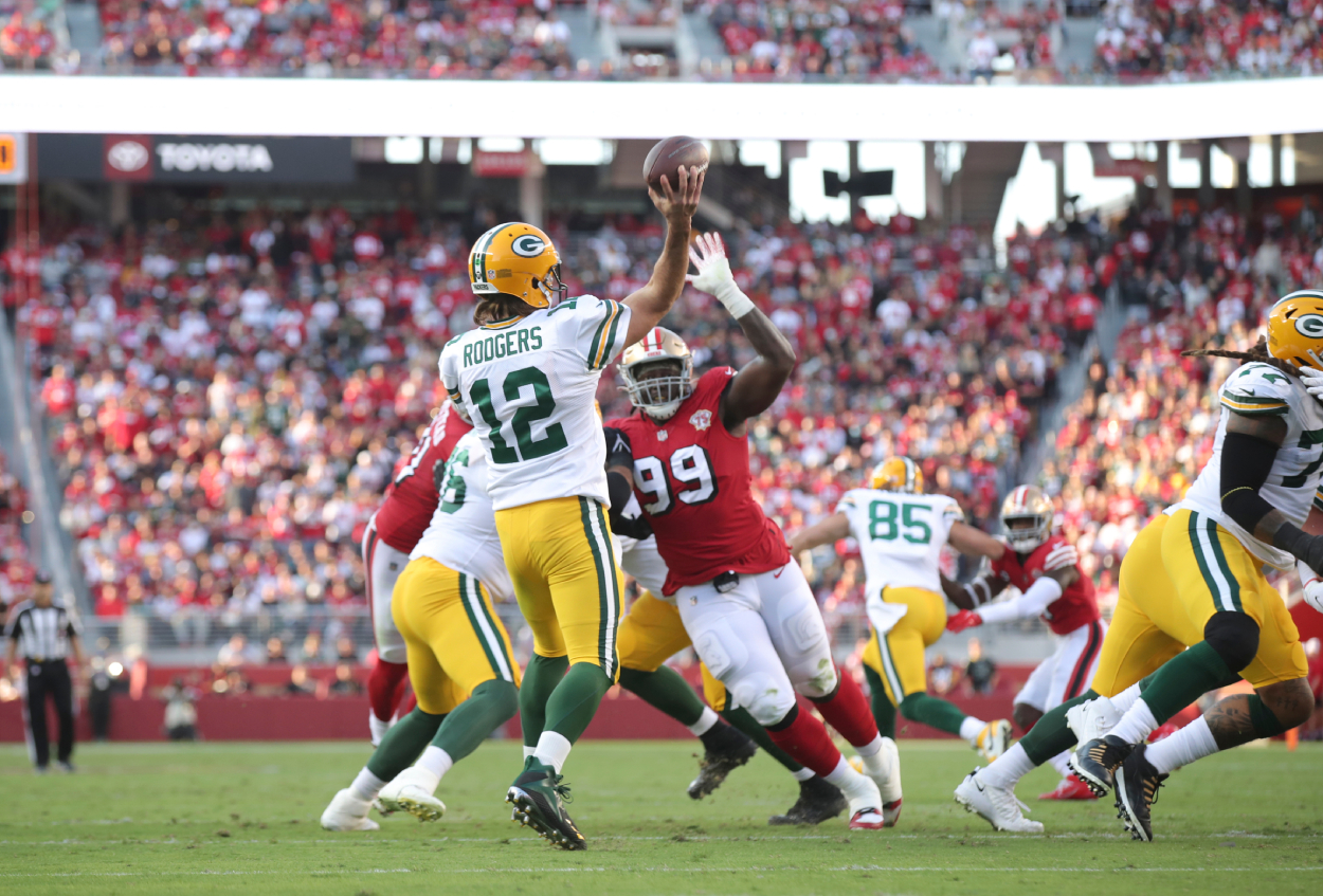 Aaron Rodgers of the Green Bay Packers passes during the game against the San Francisco 49ers.