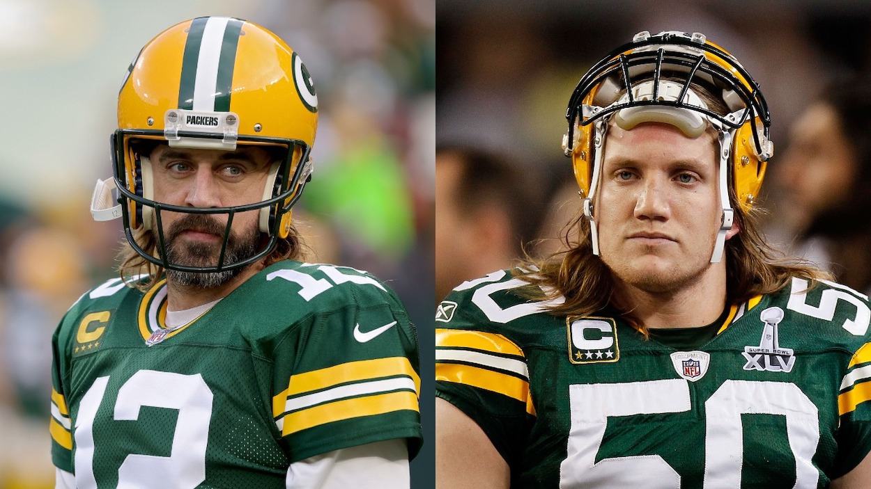 (L-R) Aaron Rodgers of the Green Bay Packers looks on before the game against the Cleveland Browns at Lambeau Field on December 25, 2021; A.J. Hawk of the Green Bay Packers looks on from the sideline against the Pittsburgh Steelers during Super Bowl XLV at Cowboys Stadium on February 6, 2011.
