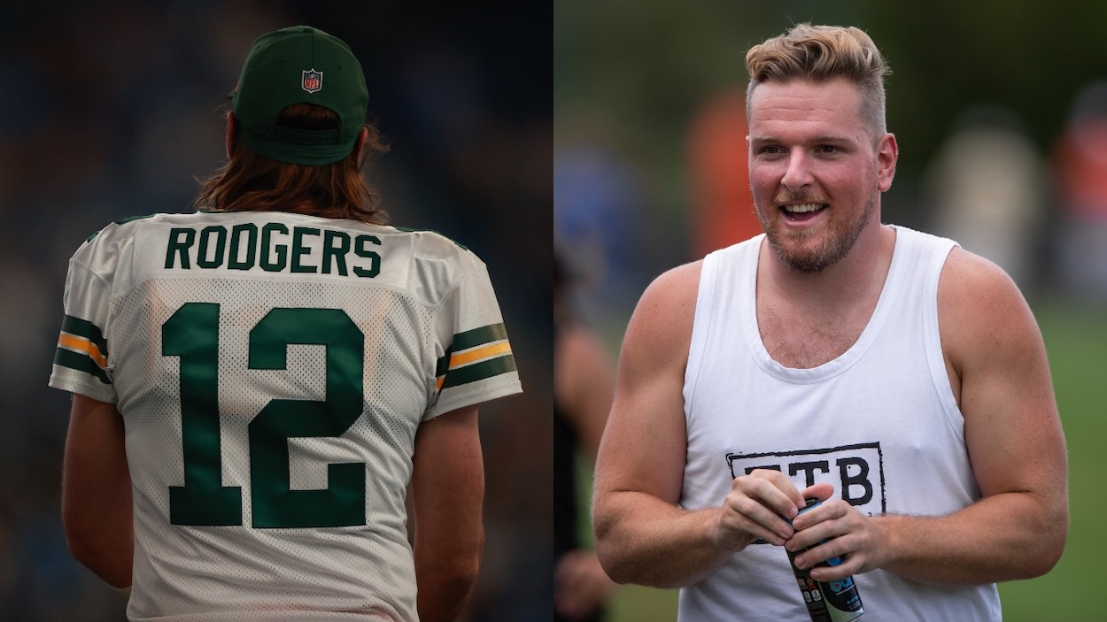 (L-R) Aaron Rodgers of the Green Bay Packers warms up prior to a game against the Detroit Lions at Ford Field on January 09, 2022; Former Colts punter Pat McAfee watches the Indianapolis Colts and Cleveland Browns joint training camp practice on August 14, 2019 at the Grand Park Sports Campus in Westfield, IN.