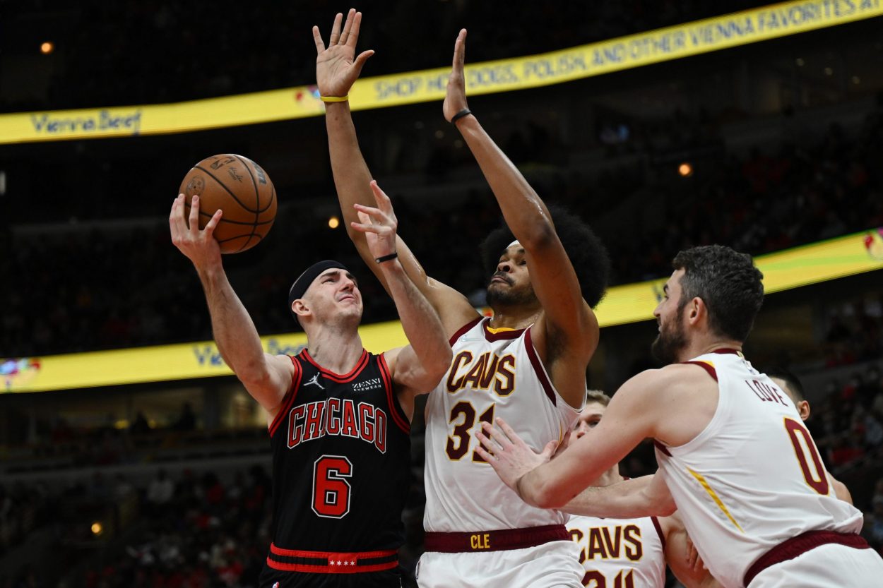 Chicago Bulls guard Alex Caruso goes for a layup during an NBA game against the Cleveland Cavaliers