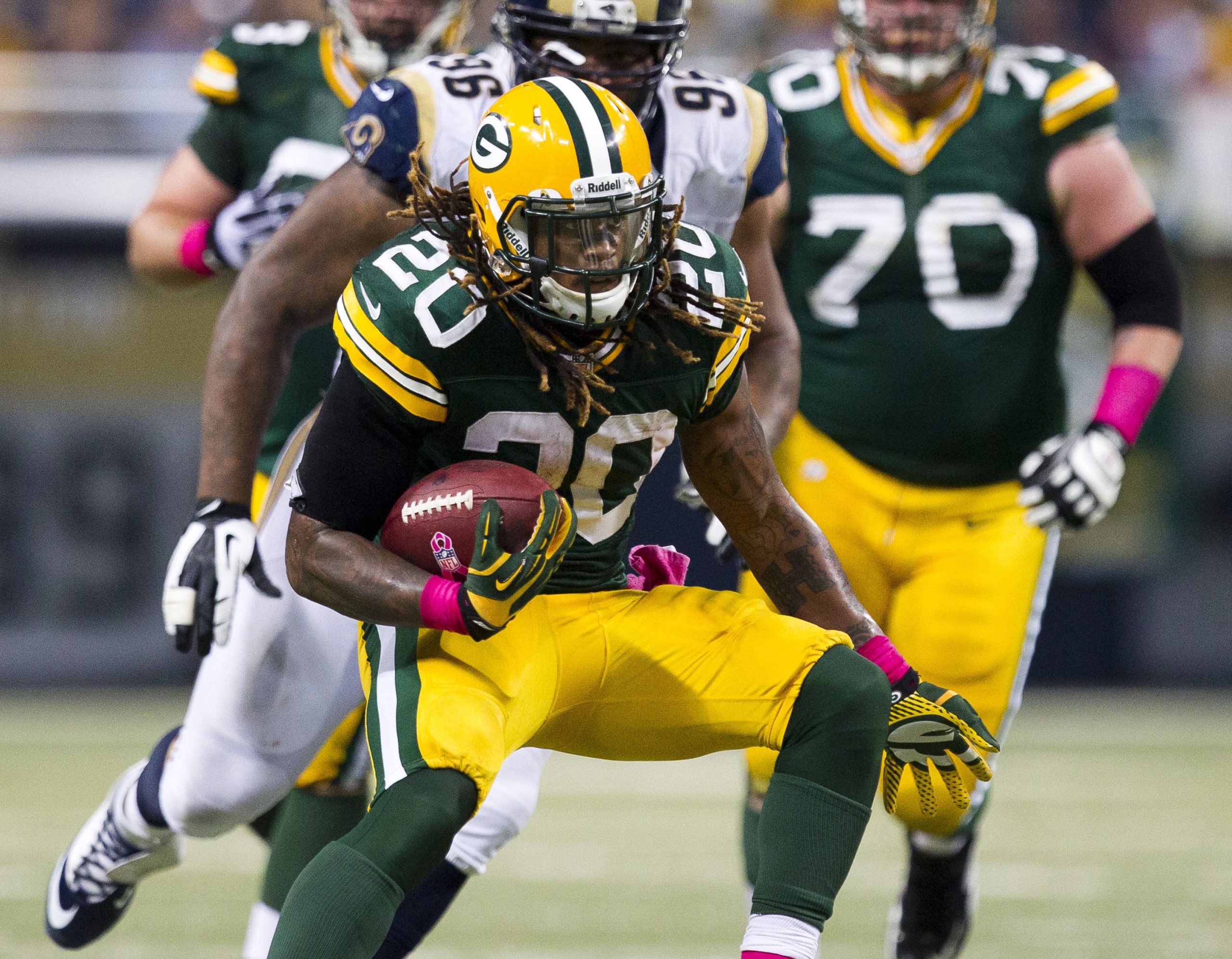 Running back Alex Green of the Green Bay Packers makes a cut to the inside during the game against the St. Louis Rams.