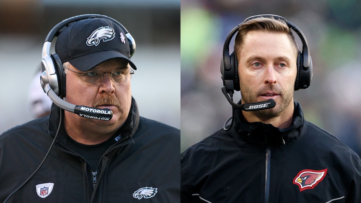 (L-R) Head coach Andy Reid of the Philadelphia Eagles coaches on the sideline during a game against the Washington Redskins on November 29, 2009; Head coach Kliff Kingsbury of the Arizona Cardinals looks on during the second half against the Seattle Seahawks at Lumen Field on November 21, 2021.