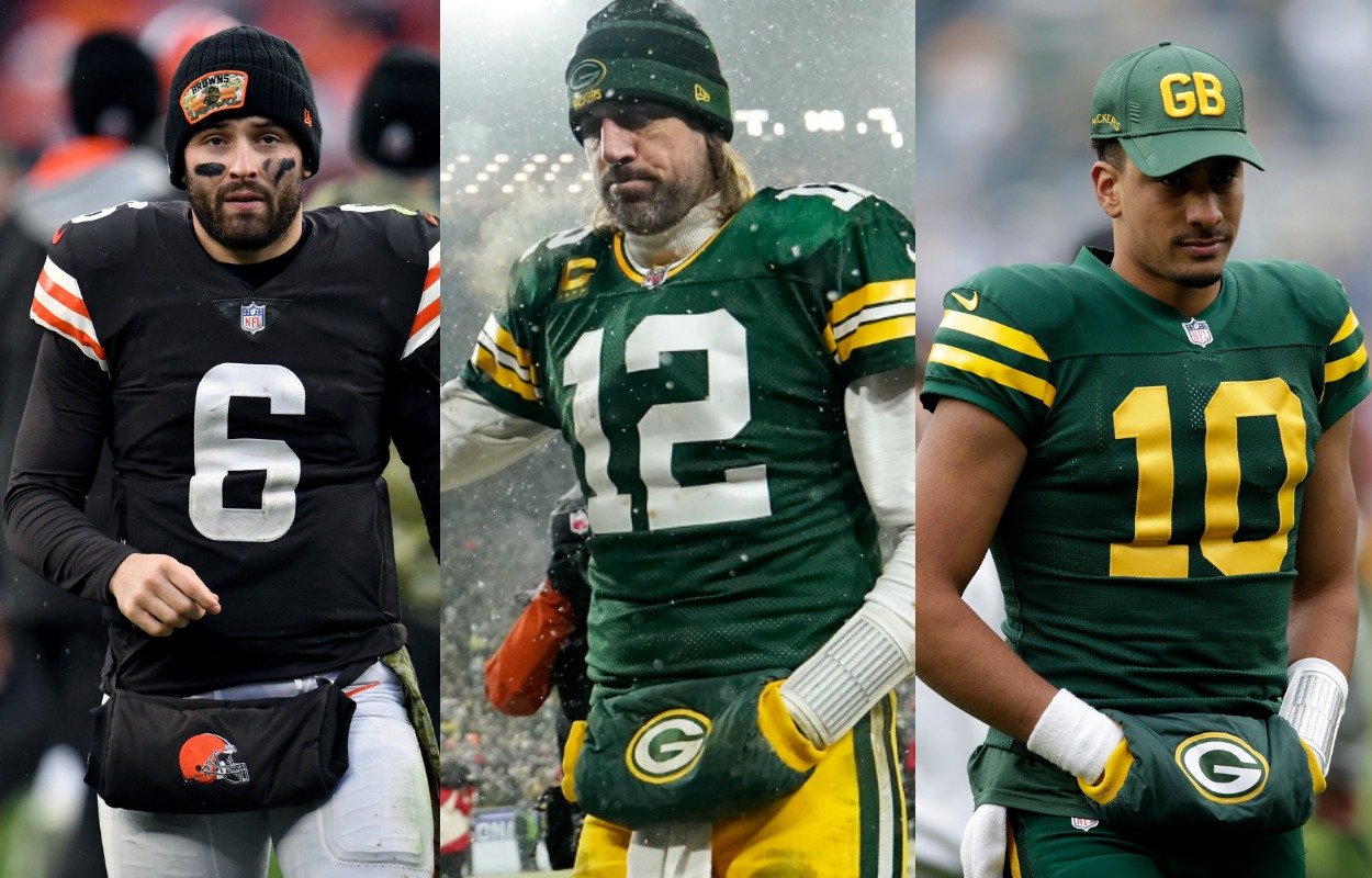 Cleveland Browns quarterback Baker Mayfield and Green Bay Packers teammates Aaron Rodgers and Jordan Love.