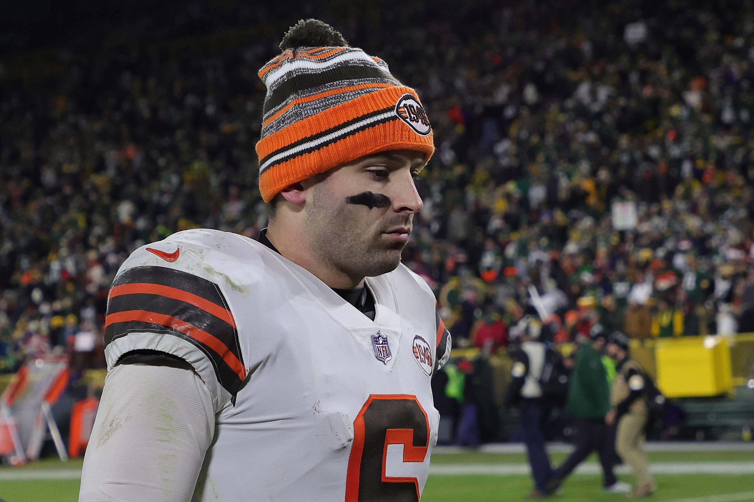 Cleveland Browns QB Baker Mayfield leaves field after loss to the Packers