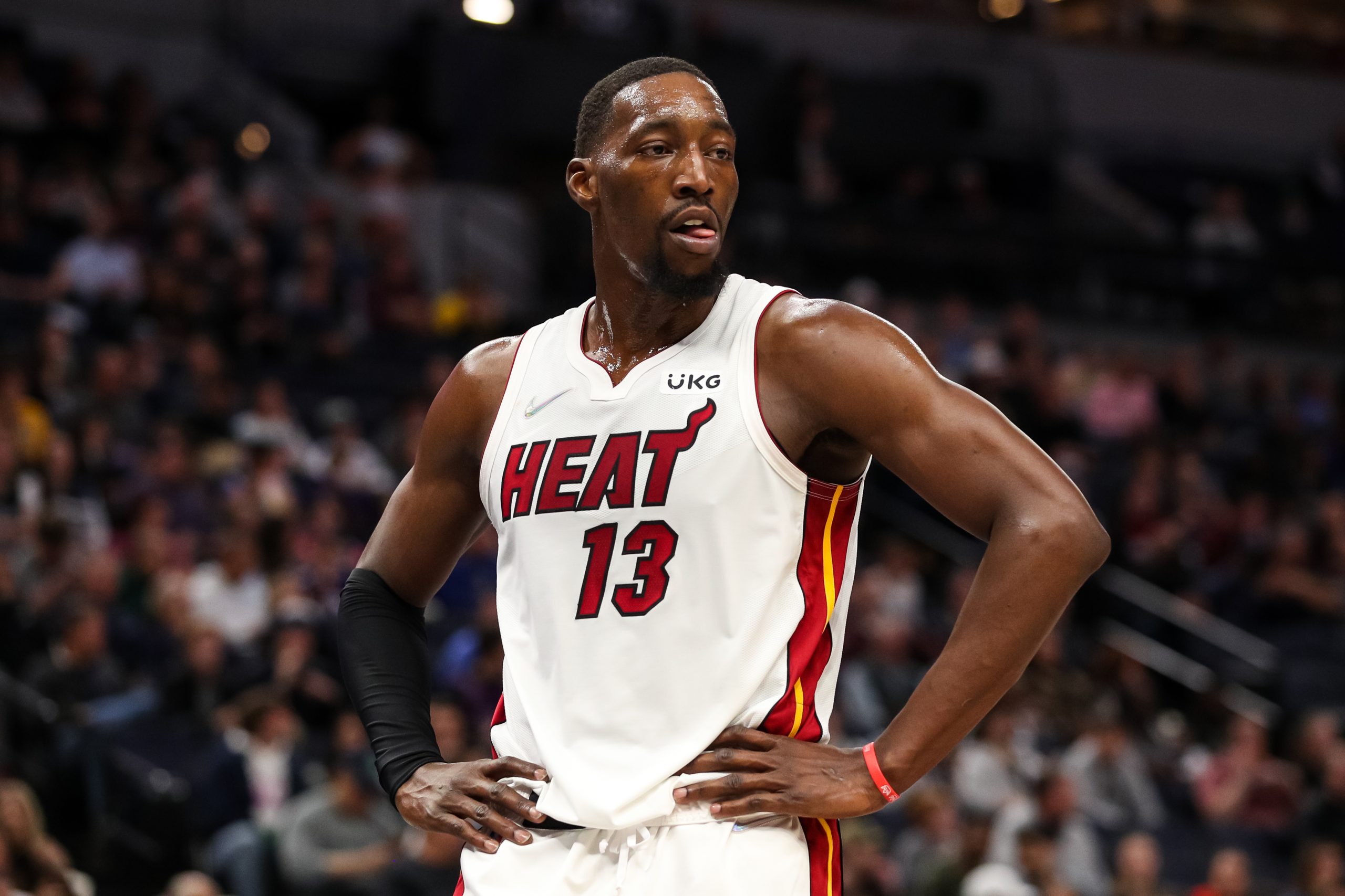 Miami Heat rising star Bam Adebayo rests during a break in the action during a recent game against the Minnesota Timberwolves.
