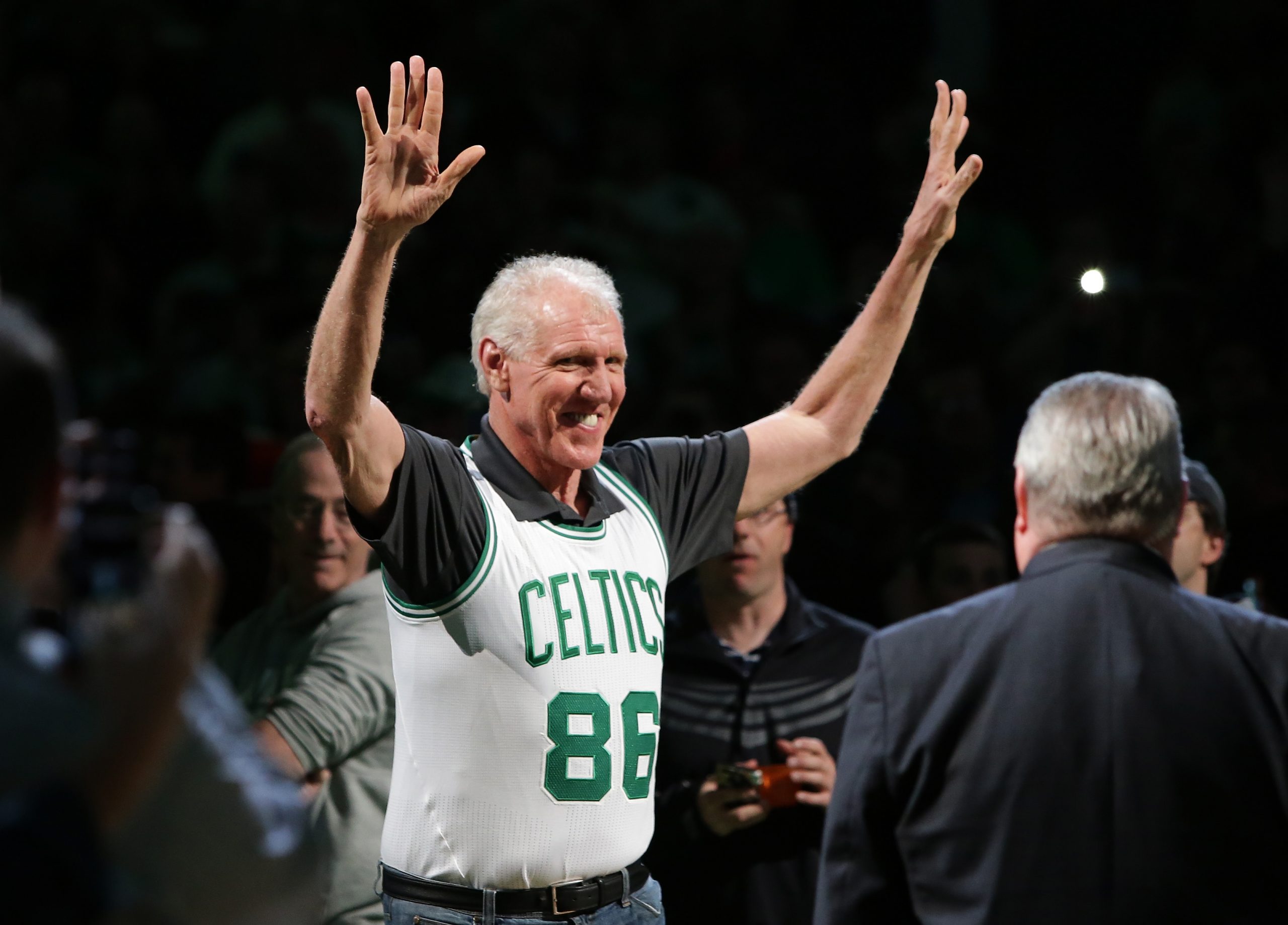 Bill Walton is honored by the Boston Celtics at halftime of the game between the Celtics and the Miami Heat at TD Garden on April 13, 2016, in Boston, Massachusetts.