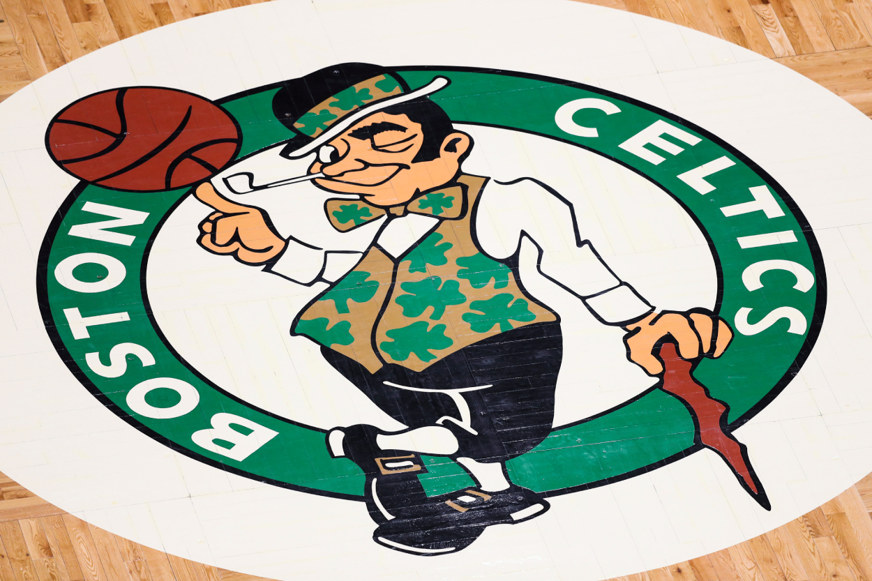 A general view of the Boston Celtics logo on the court.