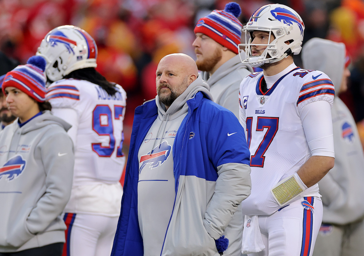 Offensive Coordinator Brian Daboll and Josh Allen of the Buffalo Bills looks on prior to the AFC Divisional Playoff game against the Kansas City Chiefs at Arrowhead Stadium on January 23, 2022 in Kansas City, Missouri.