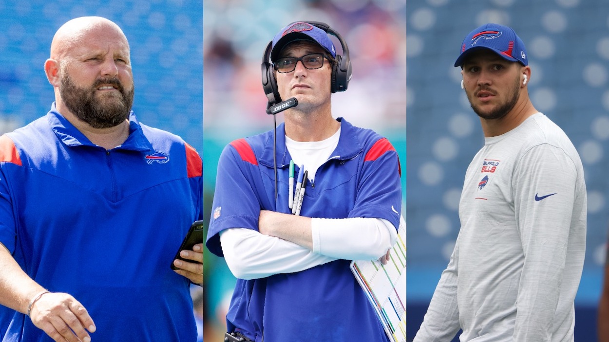 (L-R) Former Buffalo Bills offensive coordinator and current New York Giants head coach Brian Daboll on the field before a game against the Green Bay Packers at Highmark Stadium on August 28, 2021; Quarterbacks coach Ken Dorsey of the Buffalo Bills looks on against the Miami Dolphins at Hard Rock Stadium on September 19, 2021; Josh Allen of the Buffalo Bills on the field before a game against the Pittsburgh Steelers at Highmark Stadium on September 12, 2021 in Orchard Park, New York.