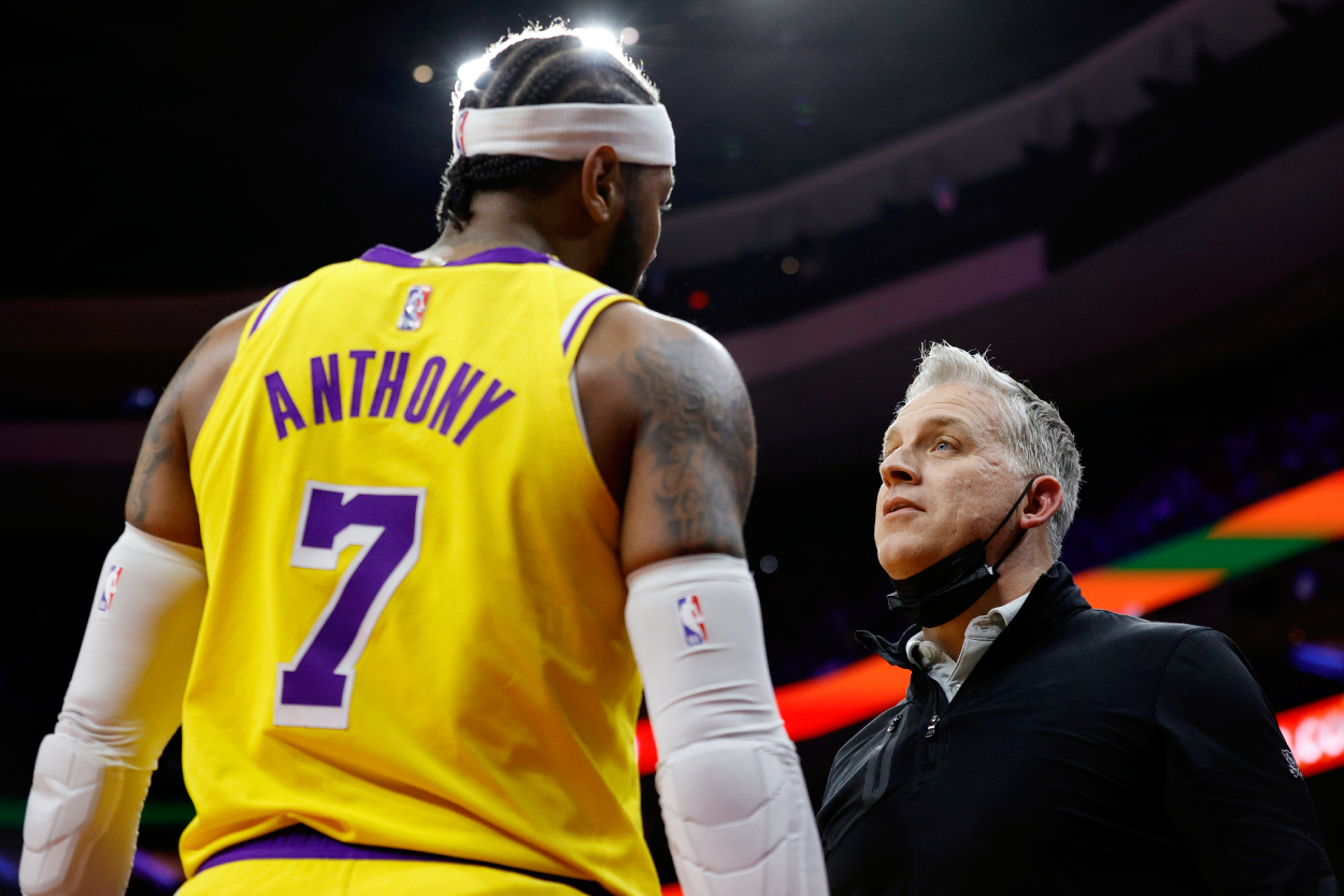 Carmelo Anthony of the Los Angeles Lakers confronts a heckler.