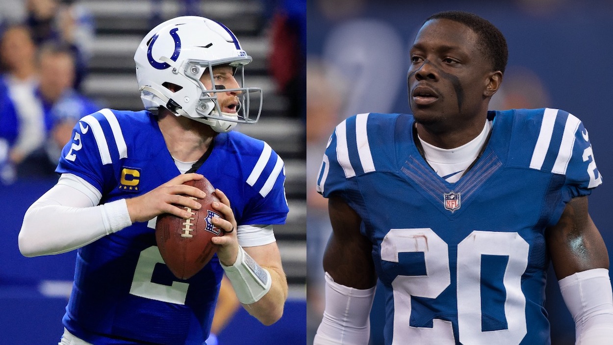 (L-R) Carson Wentz of the Indianapolis Colts looks to throw a pass in the game against the Las Vegas Raiders at Lucas Oil Stadium on January 02, 2022; Indianapolis Colts safety Darius Butler warms up on the field before the NFL game between the Indianapolis Colts and Houston Texans on December 31, 2017.