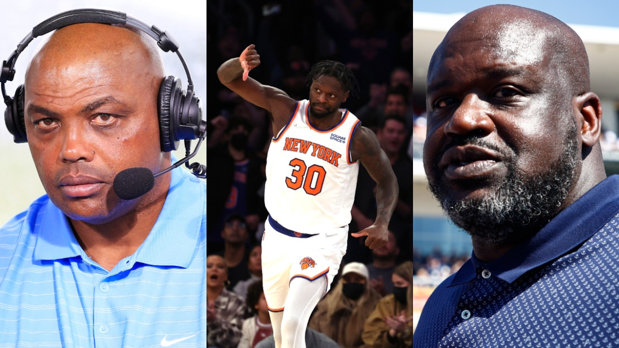 Charles Barkley on TV, Julius Randle giving a thumbs-down gesture to Knicks fans, and Shaquille O'Neal at an F1 race.