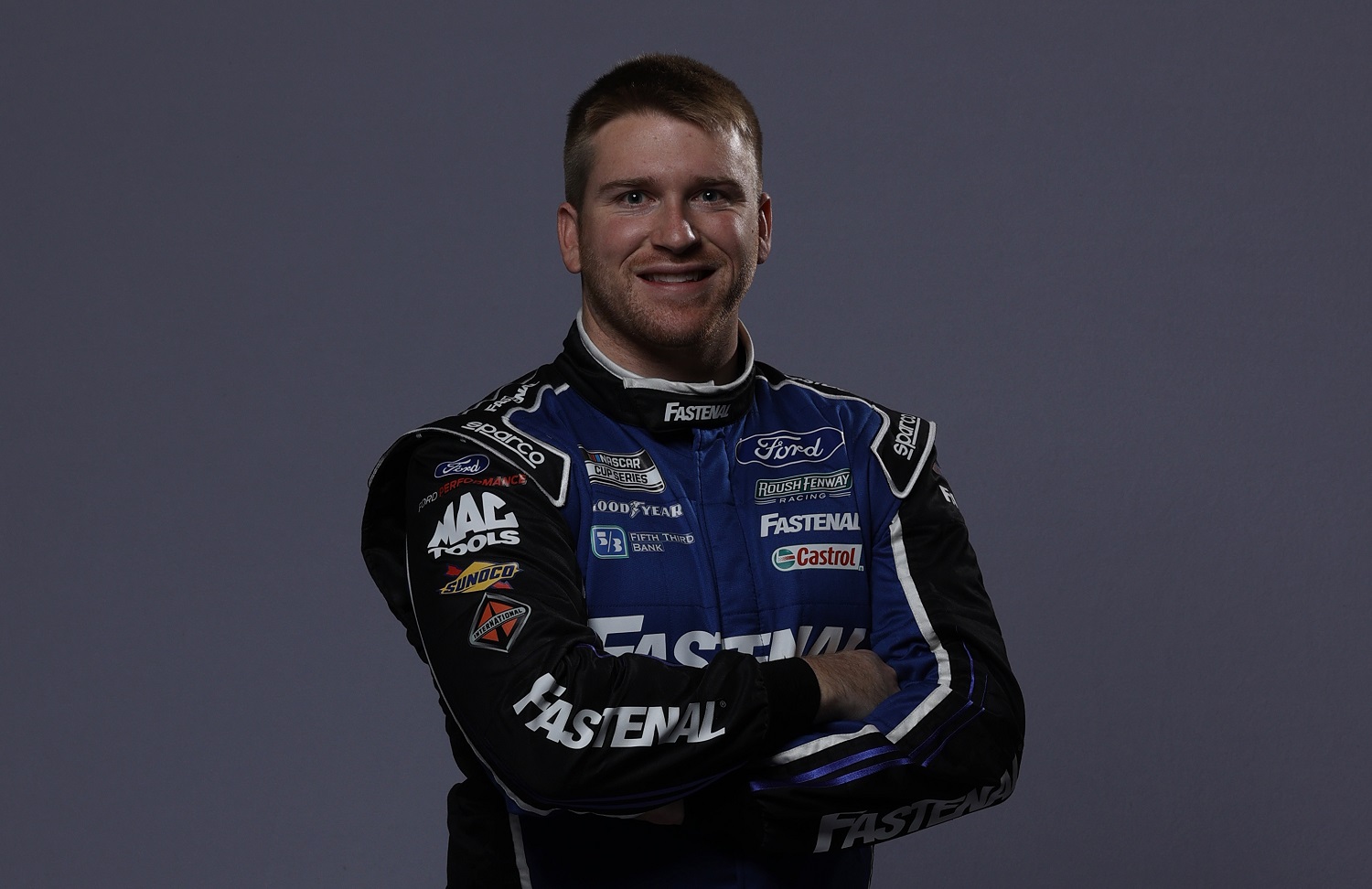 Cup Series driver Chris Buescher poses for a photo during NASCAR Production Days at Fox Sports Studios on Jan. 19, 2021, in Charlotte, North Carolina.