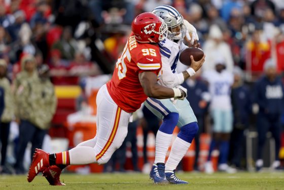 Chris Jones of the Kansas City Chiefs sacks Dak Prescott of the Dallas Cowboys in the second quarter of the game at Arrowhead Stadium on November 21, 2021 in Kansas City, Missouri.