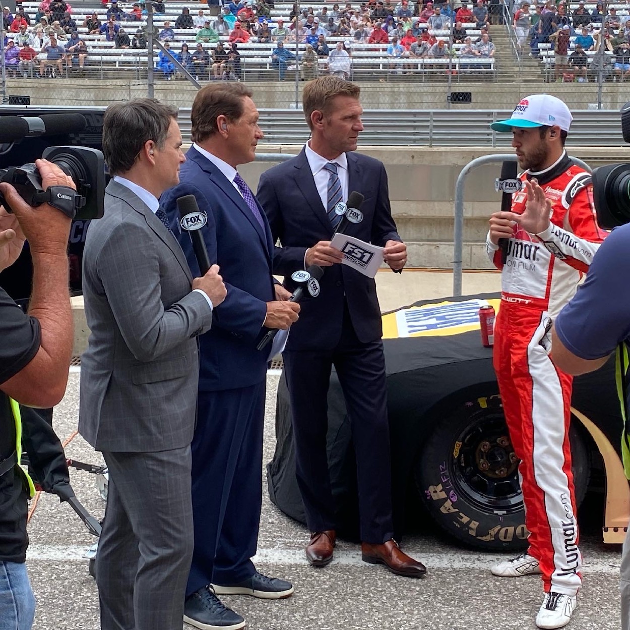 Fox NASCAR broadcast with Clint Bowyer, Jeff Gordon, and Chris Myers