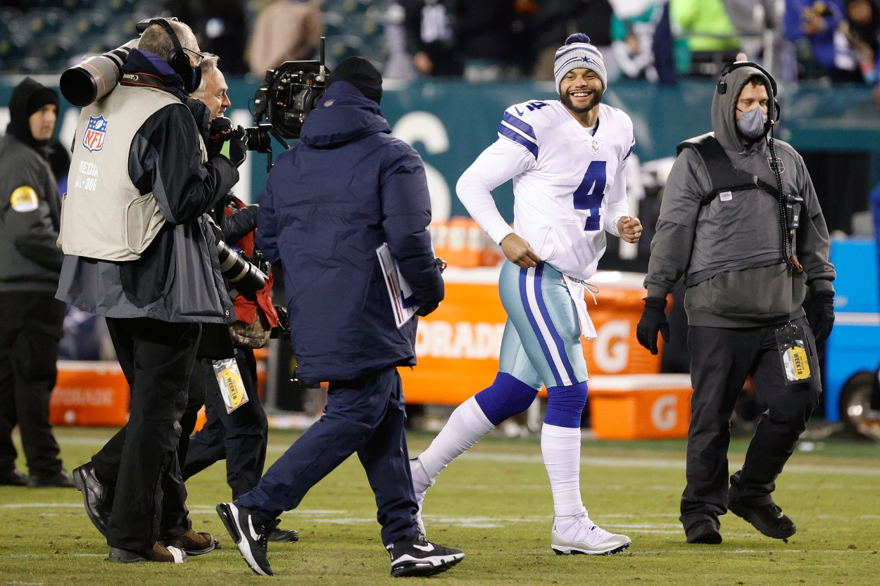 Dak Prescott of the Dallas Cowboys reacts after defeating the Philadelphia Eagles.