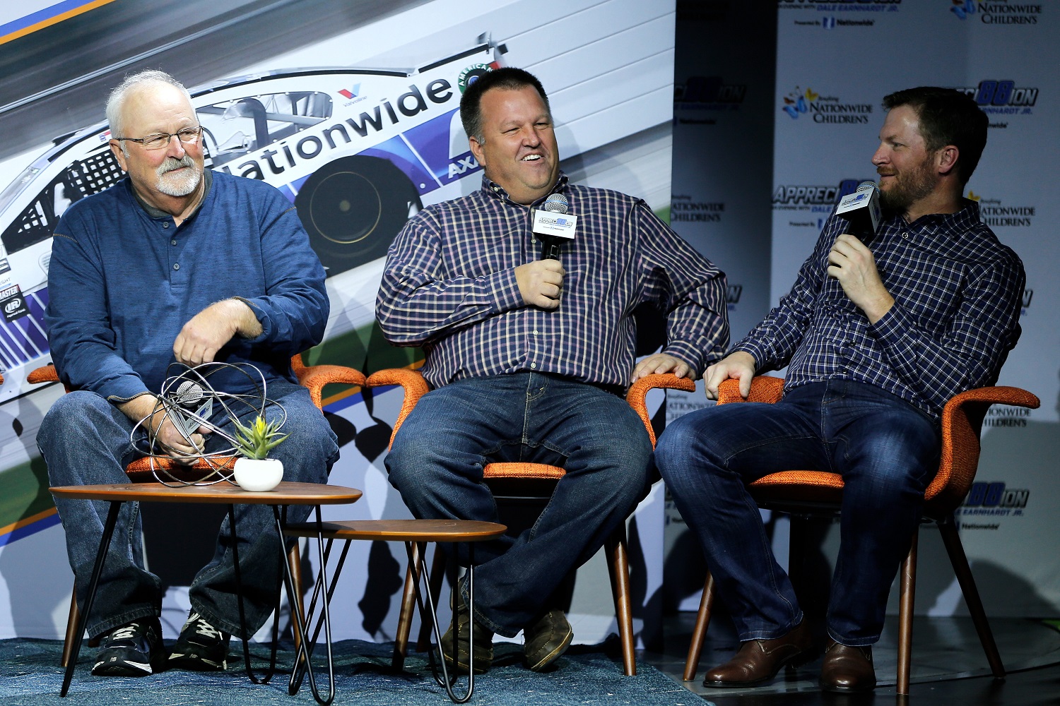 Tony Eury Sr., Tony Eury Jr., and Dale Earnhardt Jr. talk on stage during 'Appreci88ion, An Evening With Dale Earnhardt Jr.' at The Cosmopolitan of Las Vegas on Nov. 28, 2017, in Las Vegas, Nevada.