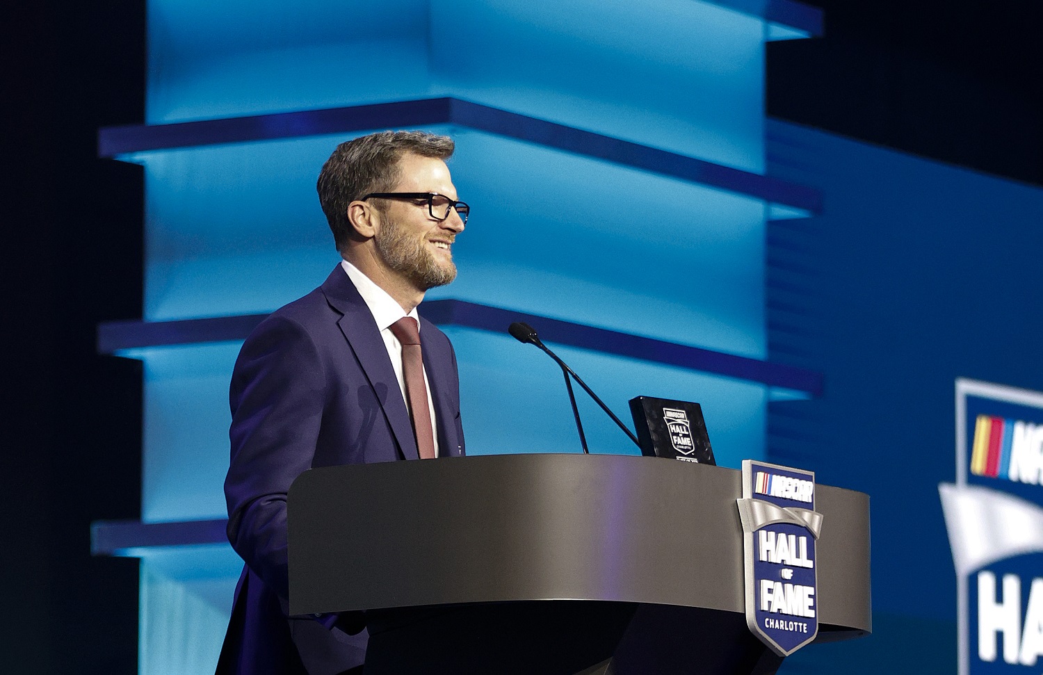 NASCAR Hall of Fame inductee Dale Earnhardt Jr. speaks during the Induction ceremony at the NASCAR Hall of Fame on Jan. 21, 2022.
