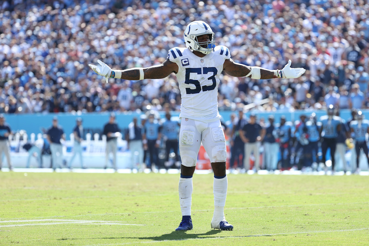Darius Leonard of the Indianapolis Colts reacts after the Colts recovered a fumble in the third period of the game against the Tennessee Titans at Nissan Stadium on September 26, 2021 in Nashville, Tennessee.