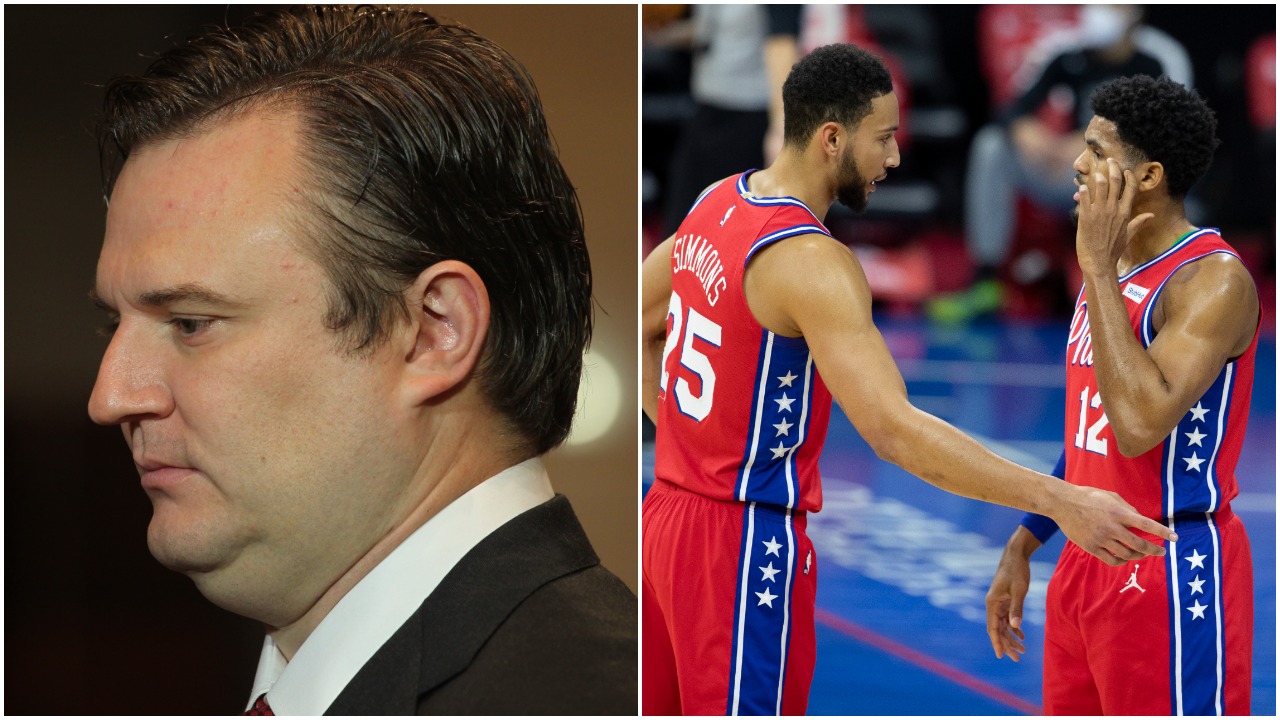 L-R: Current Philadelphia 76ers president Daryl Morey at Yao Ming's retirement press conference in 2011; Sixers teammates Ben Simmons and Tobias Harris talk during a game in January 2021