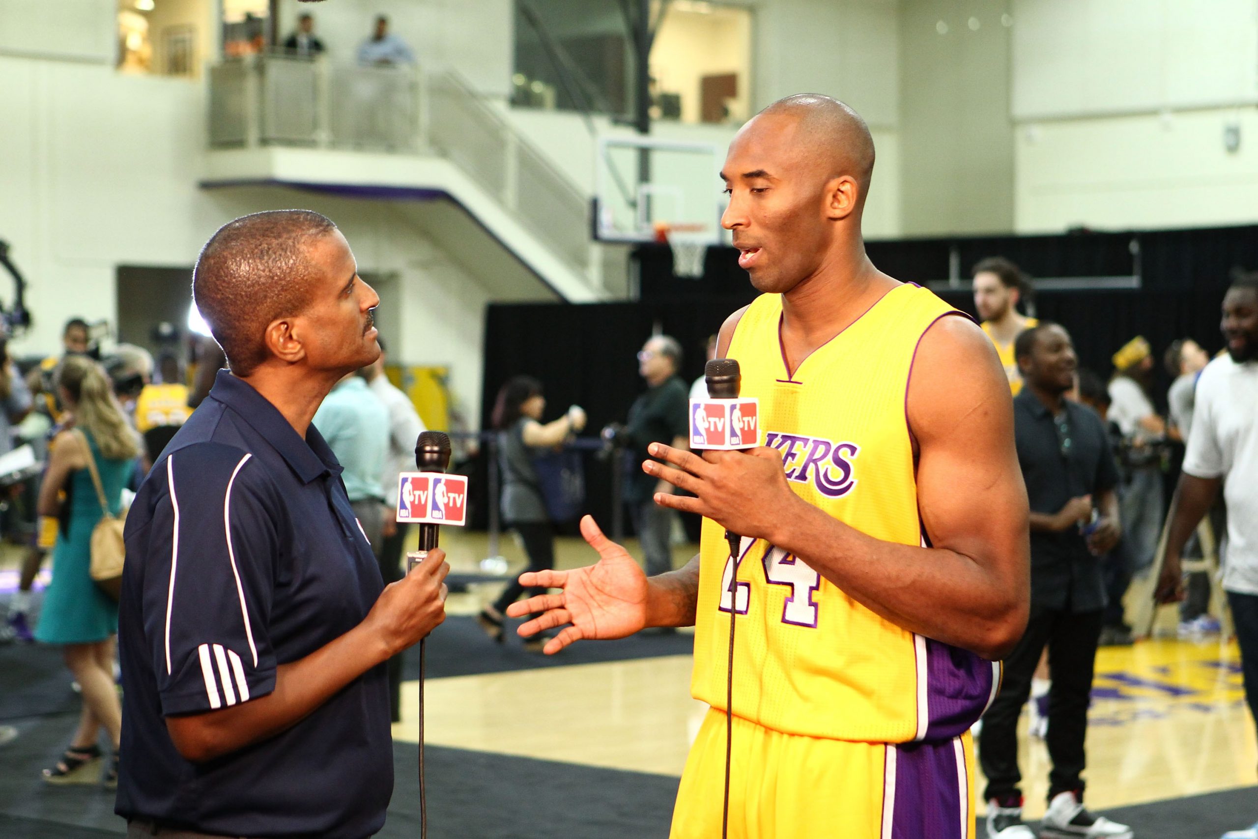 TV personality David Aldridge interviews Kobe Bryant of the Los Angeles Lakers.