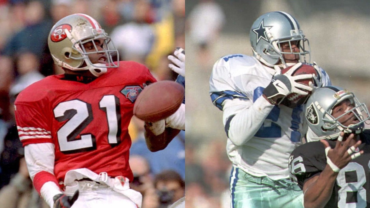 (L-R) Deion Sanders with the San Francisco 49ers during the 1994 NFL Playoffs on Jan. 19, 1995; Deion Sanders with the Dallas Cowboys during the 1995 season on November 19, 1995.