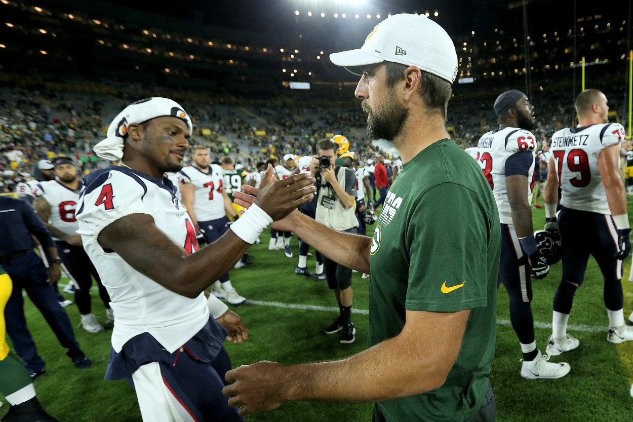 Houston Texans quarterback Deshaun Watson (L) and Green Bay Packers quarterback Aaron Rodgers in 2019.