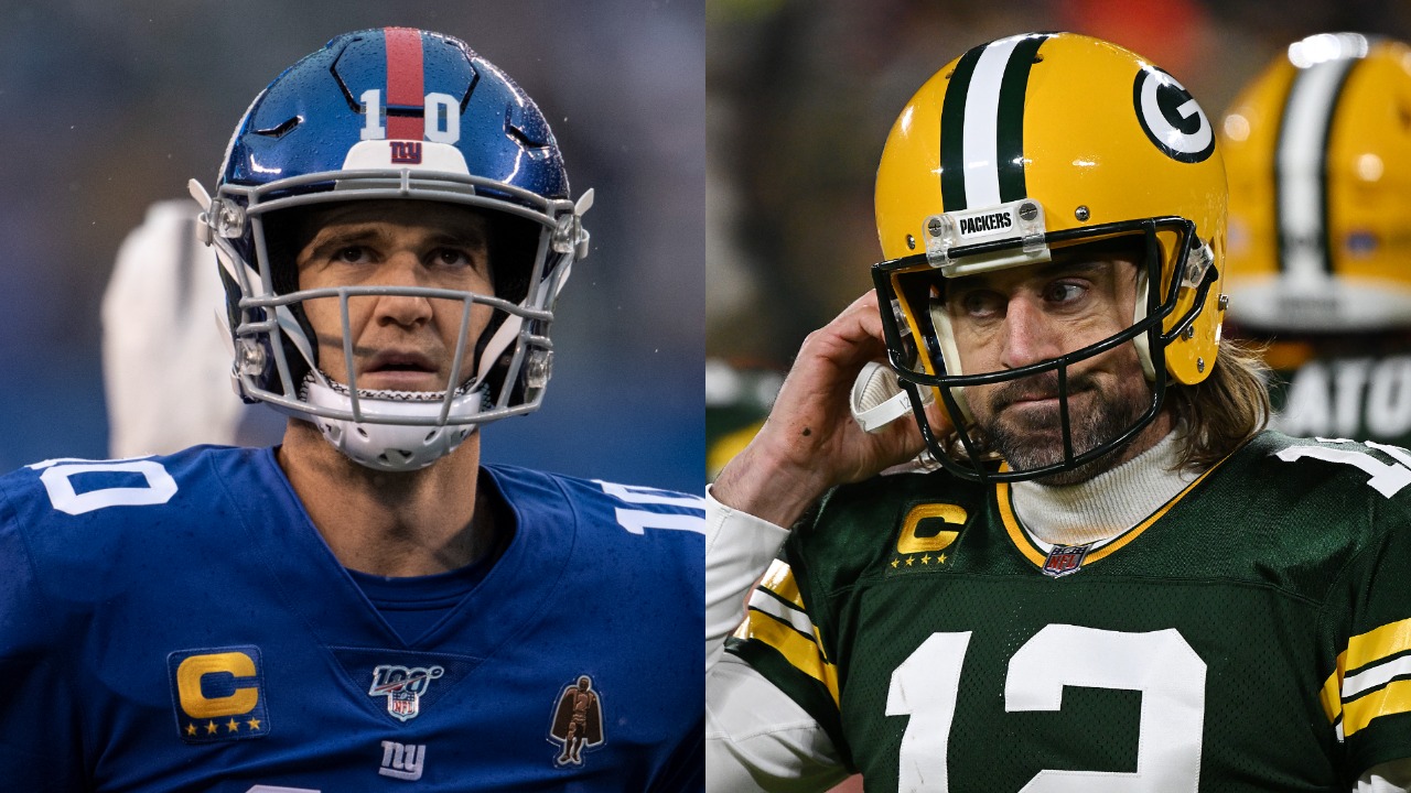 Giants QB Eli Manning leaves the field after a game; Packers QB Aaron Rodgers during playoff game