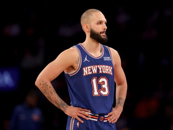 New York Knicks swingman Evan Fournier looks on during a game against the Denver Nuggets