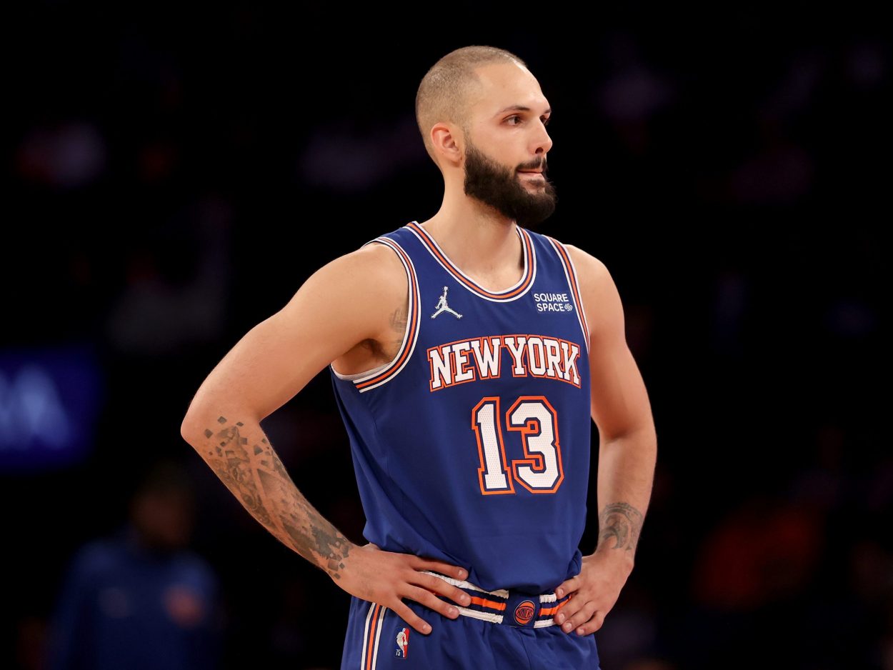 New York Knicks swingman Evan Fournier looks on during a game against the Denver Nuggets