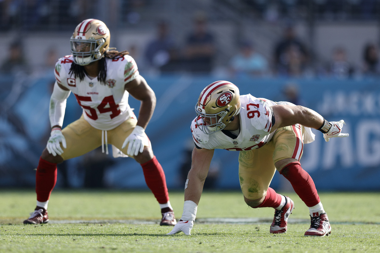 Fred Warner and Nick Bosa of the San Francisco 49ers during the third quarter against the Jacksonville Jaguars at TIAA Bank Field on November 21, 2021 in Jacksonville, Florida. 49ers fans got a good Fred Warner injury update on Monday and await more on the Nick Bosa injury update.