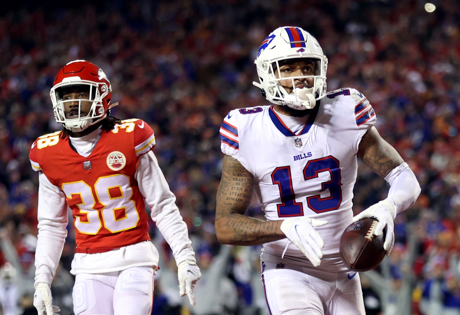 Gabriel Davis of the Buffalo Bills celebrates after scoring a 75-yard touchdown against the Kansas City Chiefs during the fourth quarter in the AFC Divisional Playoff game at Arrowhead Stadium on Jan. 23, 2022. | Jamie Squire/Getty Images