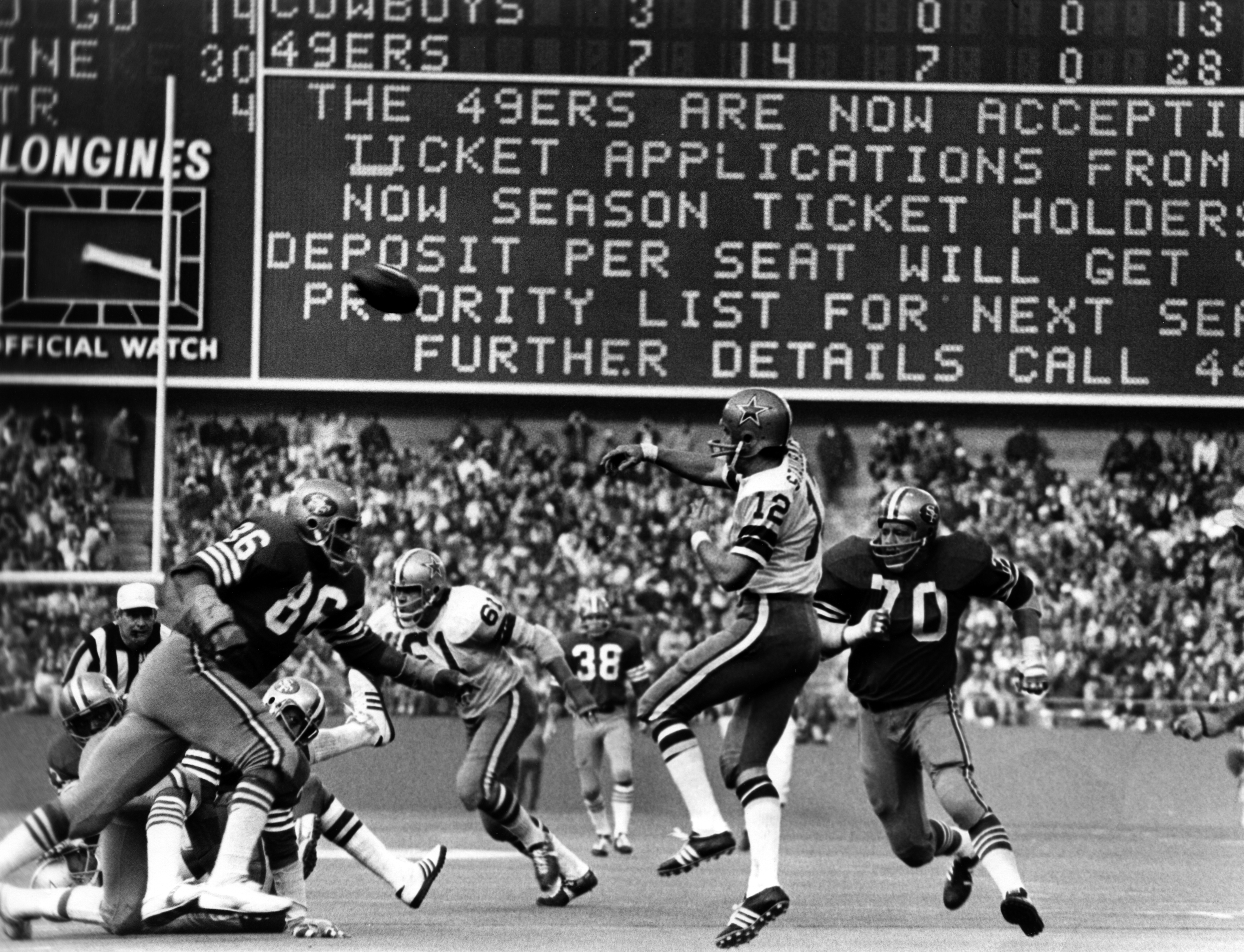 Roger Staubach leads a fourth-quarter comeback against the 49ers in 1972