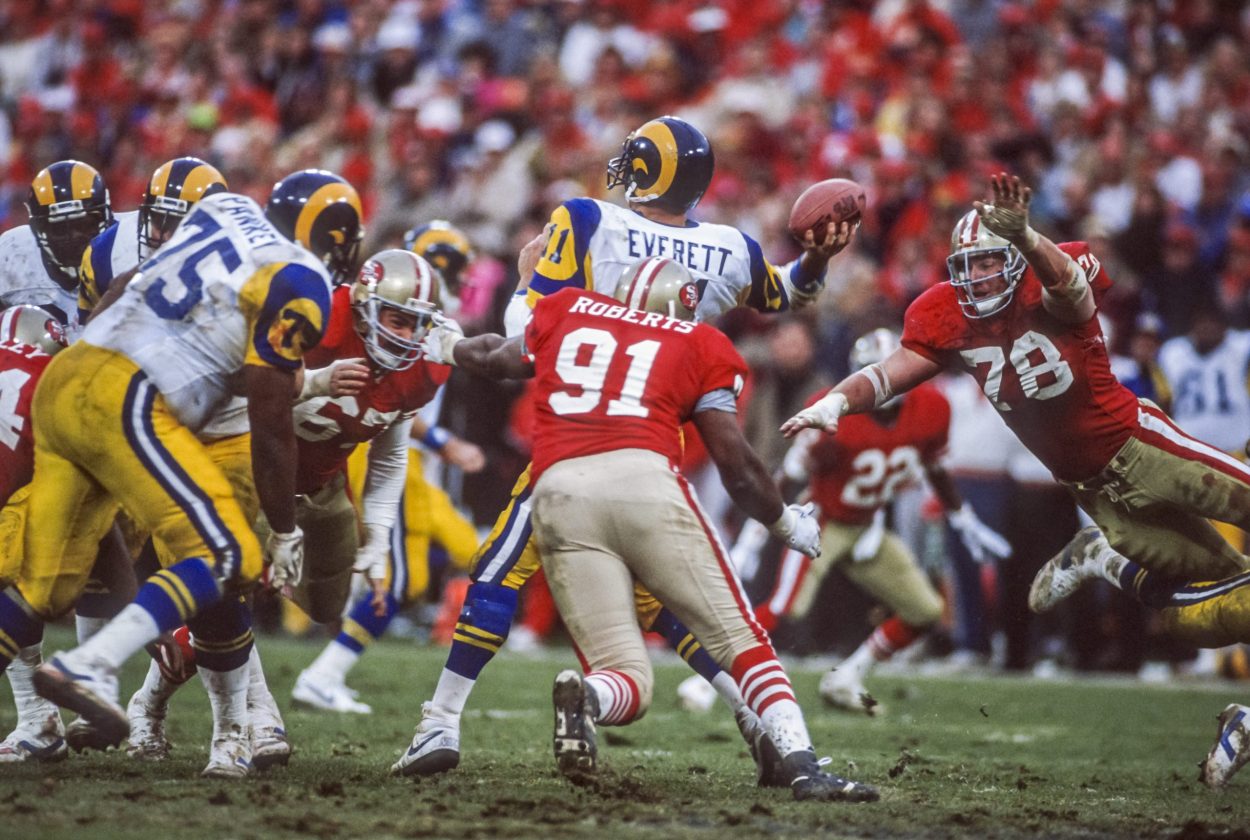 Jim Everett was pressured all day by the 49ers in the 1989 NFC Championship Game