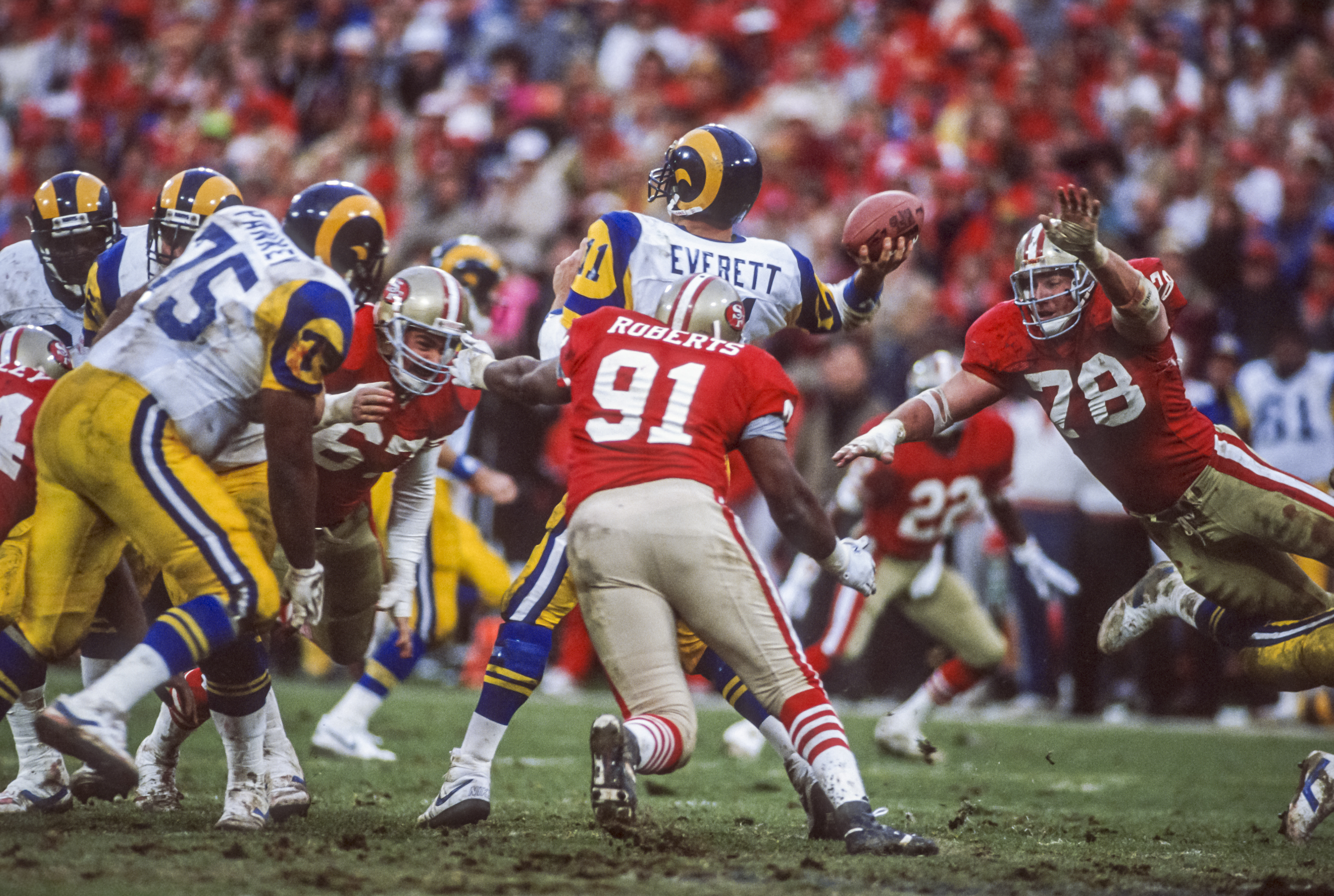 Jim Everett was pressured all day by the 49ers in the 1989 NFC Championship Game