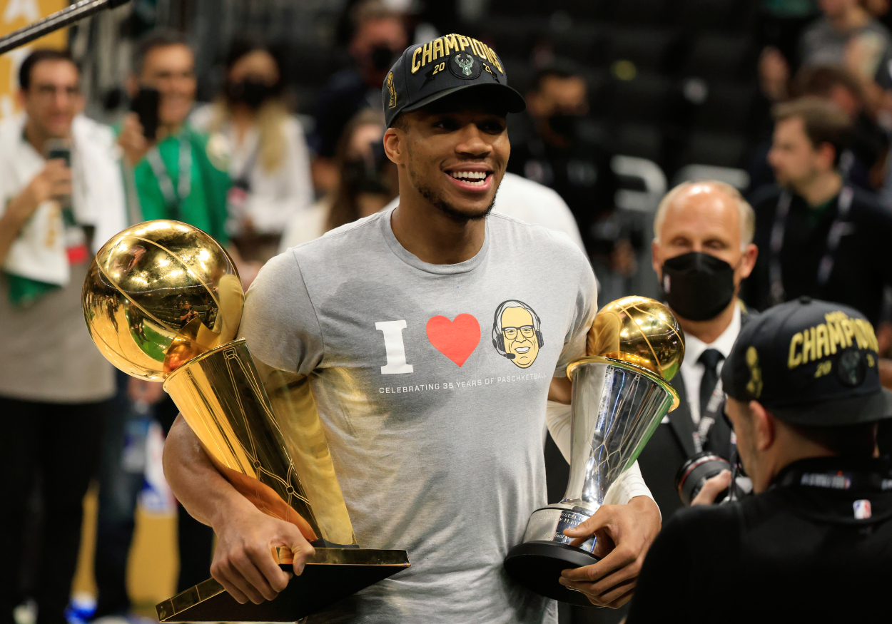Giannis Antetokounmpo, whose 2021 Bucks championship was recently disrespected by Robert Horry.