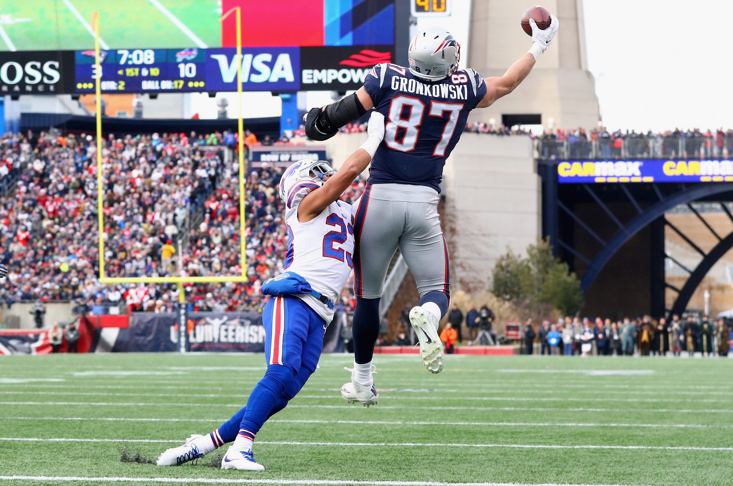 Rob Gronkowski of the New England Patriots catches a touchdown pass.